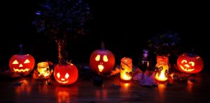 Spooky Halloween themed decorations and pumpkins